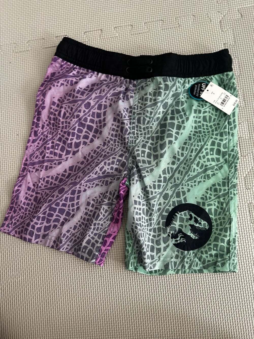 Jurassic Park Split Color Green and Purple Dino Scale Swim Trunks UPF 50+